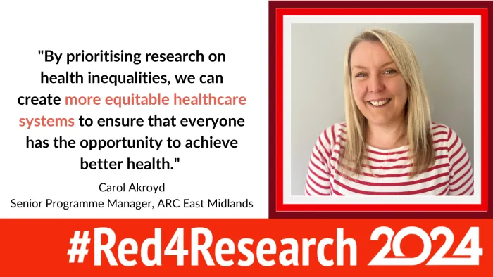 Photo of Carol Akroyd, Senior Programme Manager at ARC East Midlands, wearing red to support the campaign.