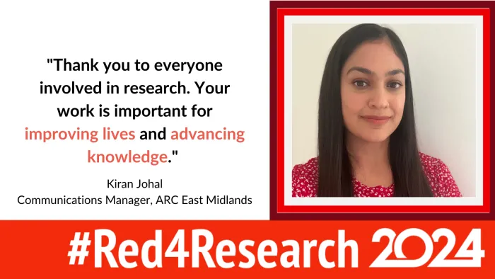 Photo of Kiran Johal, the Communications Manager at ARC East Midlands, wearing red to support the campaign.