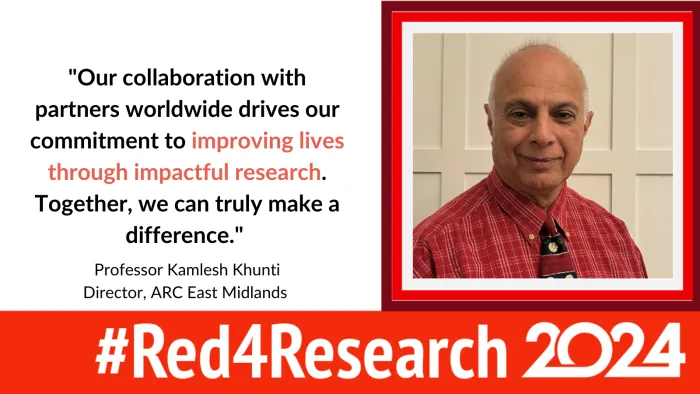 Photo of Professor Kamlesh Khunti, Director of ARC East Midlands, wearing red to support the campaign.