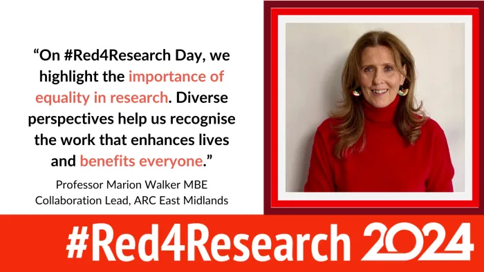 Photo of Professor Marion Walker MBE, Collaboration Lead at ARC East Midlands, wearing red to support the campaign.