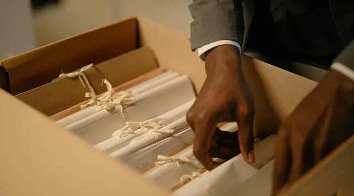 Male hands searching through box of filed paperwork
